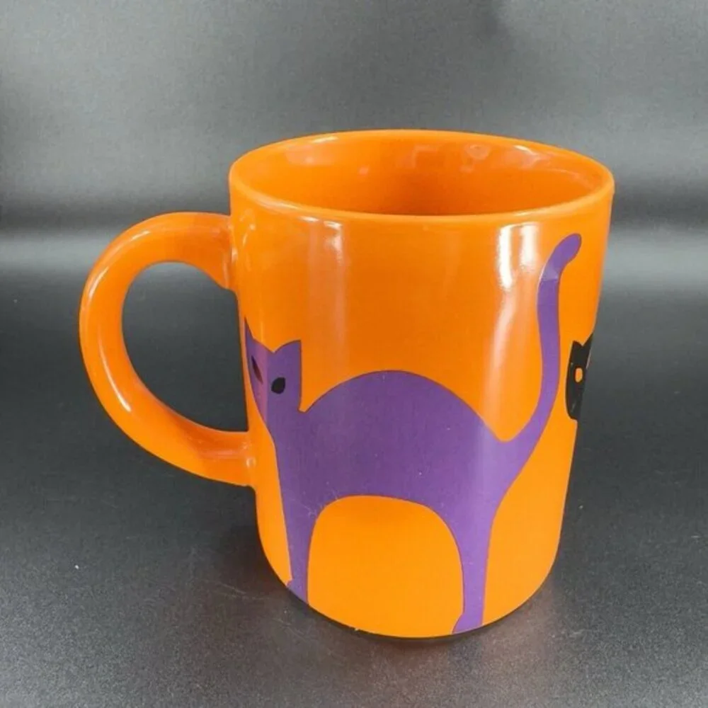 Crate & Barrel Orange Coffee Mug Cup Purple Black Halloween Cats Ceramic Set‎ 2